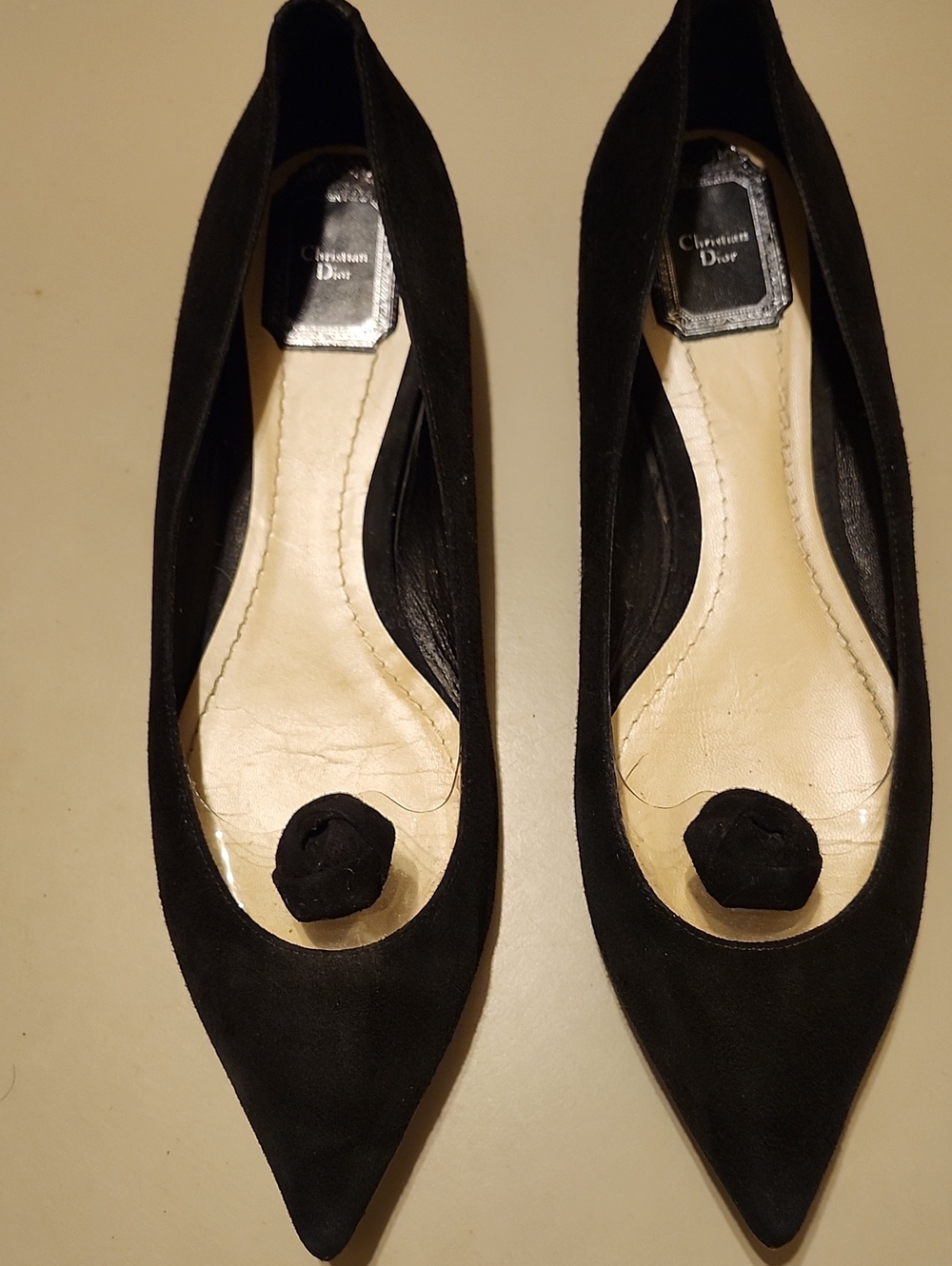 Dior Black Suede Pointed-Toe Flats with Rosette Accent